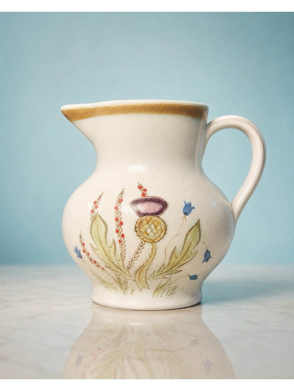 Buchan Portobello Scotland 1960s Pitcher Jug Thistleware Stoneware, 6x6.25”